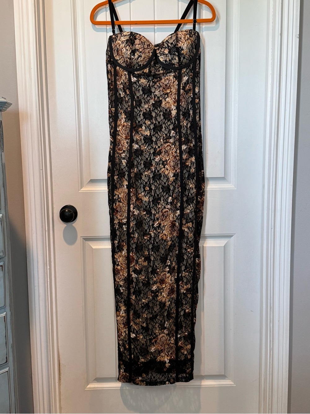 Black Floral Lace Maxi Dress with Brown Floral Print and Slim Panels